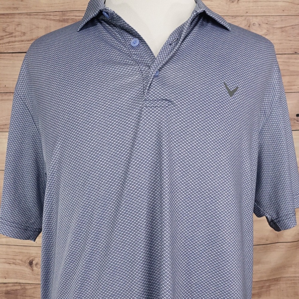 Callaway Polo Shirt Mens XL Blue Geometric Polyester Jersey Golf Stretch